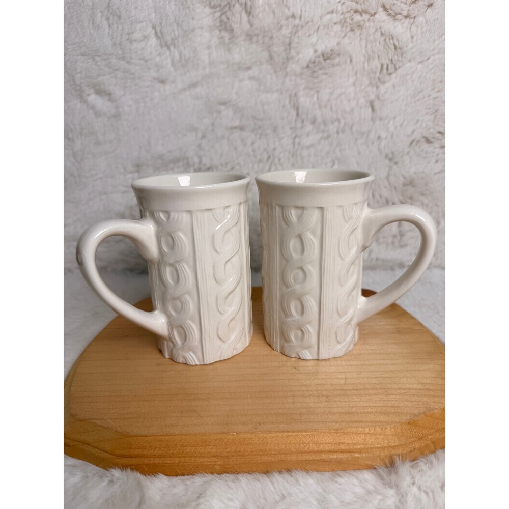 Bay Island Cream Cable Knit Sweater Texture Ceramic Mugs Set of 2 Off-White